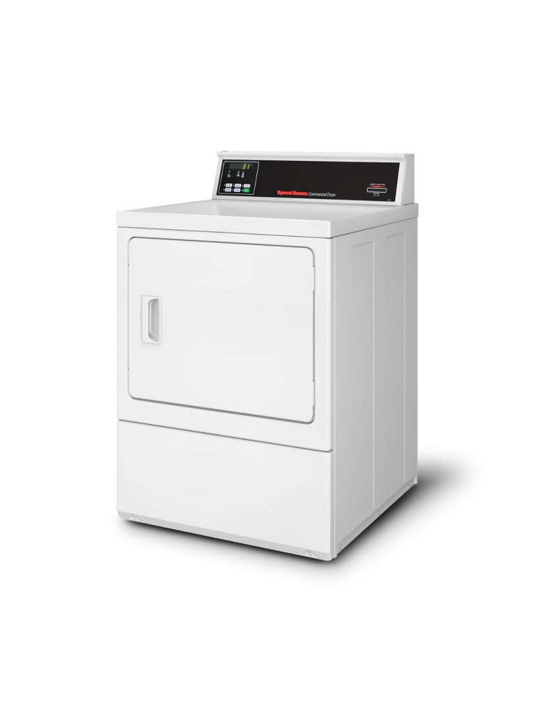White Speed Queen commercial dryer with digital display