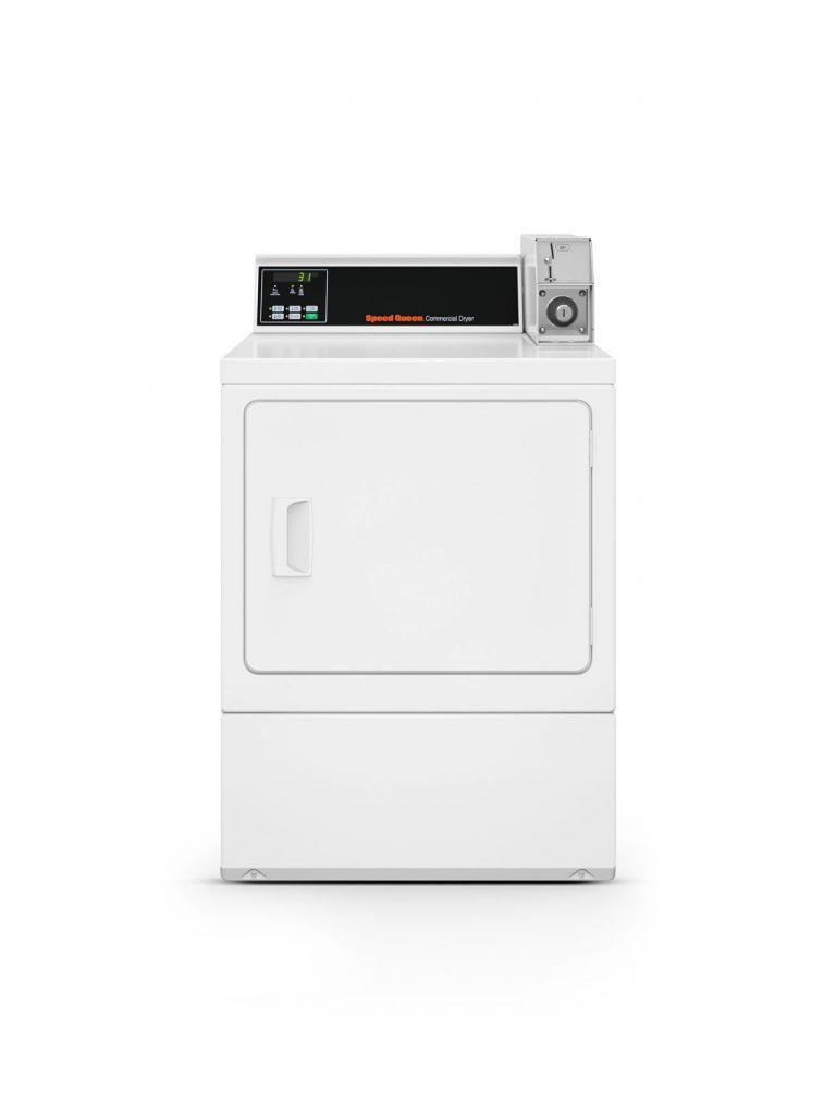 White Speed Queen commercial dryer with digital display and coin slot