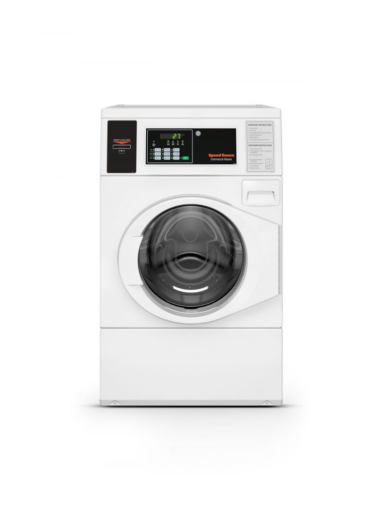 White Speed Queen commercial washer with digital display and instructions