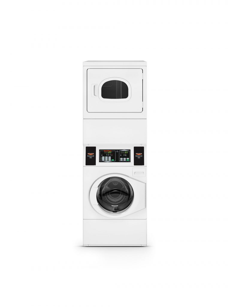 Stacked white washer and dryer laundry appliance