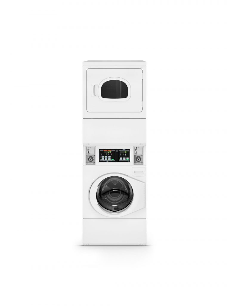 Stackable white washer and dryer unit with digital displays